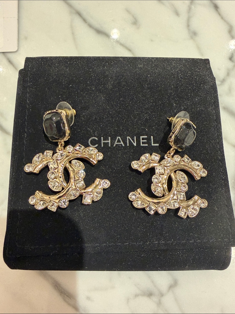 CHANEL Gold-Tone CC Crystal Drop Earrings with Black Stones